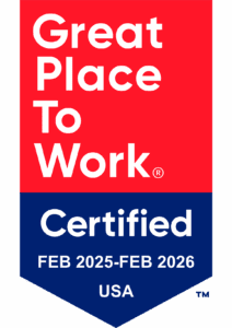 Red and Blue Branded banner reads: Great Place To Work Certified Feb. 2025-2026 USA